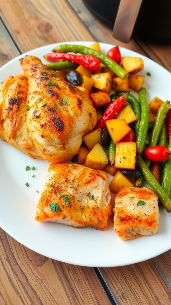 Quick and Easy Air Fryer Meals for Two A delicious air fryer meal for two with chicken, vegetables, and salmon on a wooden table.